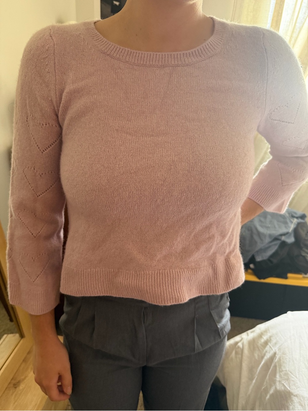 Splendid Light Pink Crewneck Sweater with Heart-Detail Sleeves